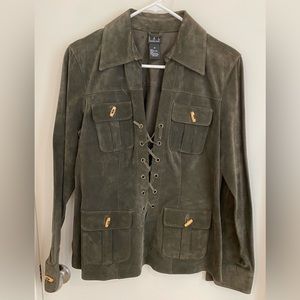 INC Olive green suede pullover jacket with wooden buttons
